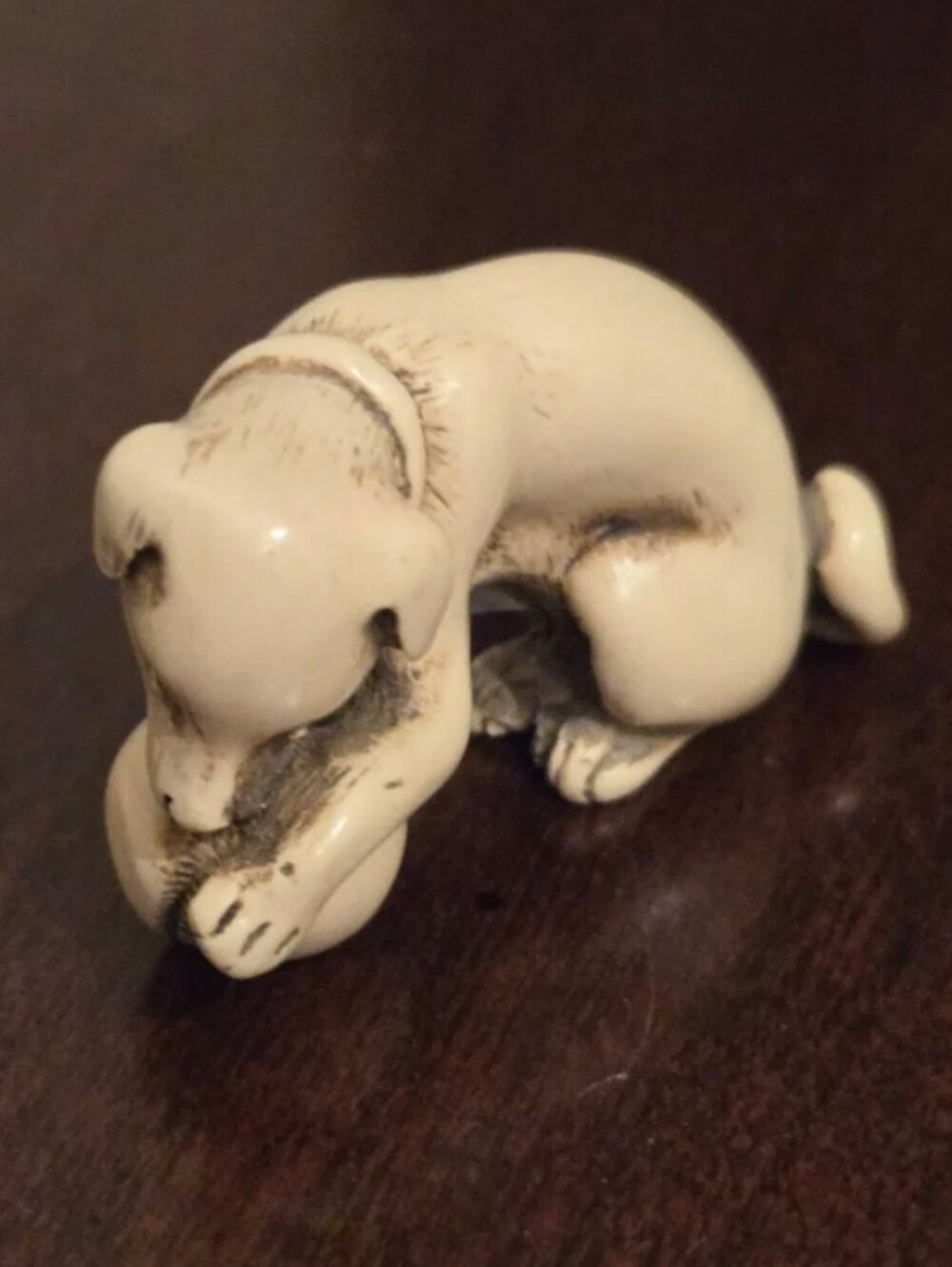 Vintage Handcarved Netsuke Miniature Dog With Ball Figurine